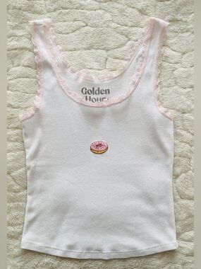 Golden Hour white ribbed  cami with delicate  lace trim & pink-frosted donut S